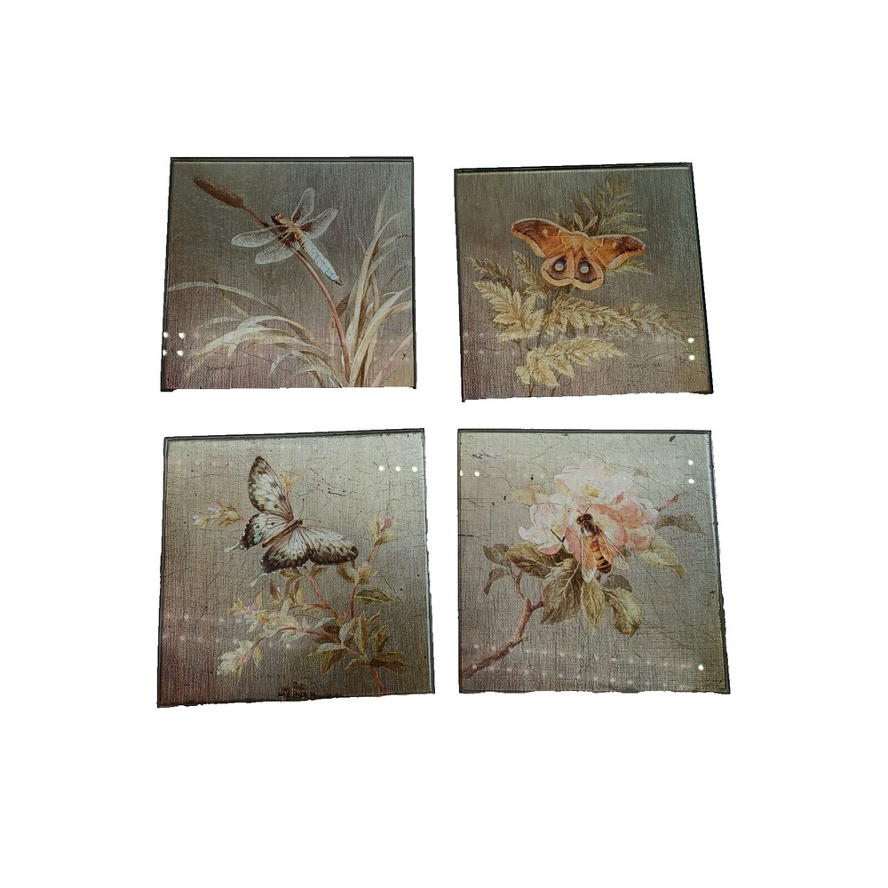 Pier 1 Imports Square Coasters Sous-Verres Foil butterfly firefly Bee Set of 4